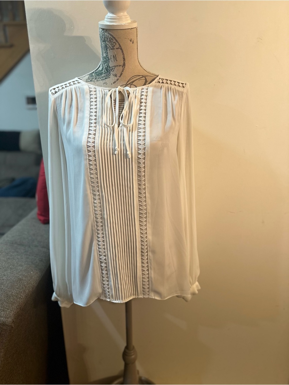 White House Black Market White Pleated Tie-Neck Peasant Blouse